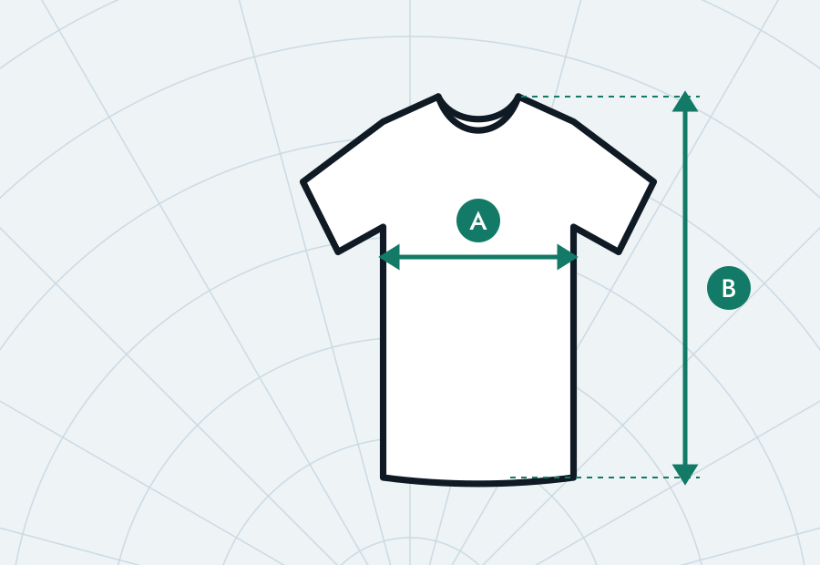 T-shirt laid flat with the chest width marked A and the body length marked B