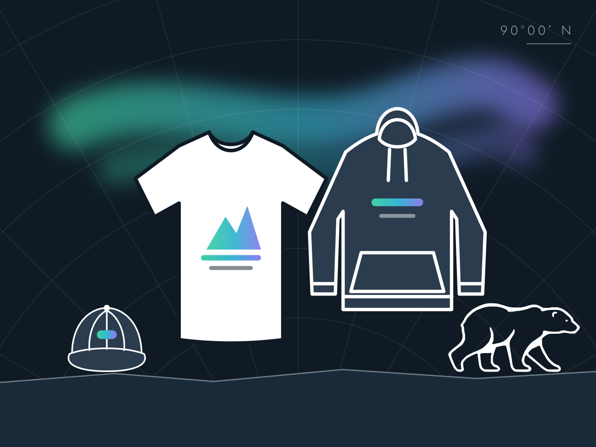 Home 1 Line drawing of a white T-shirt, a dark hoodie and a cap under the northern lights, with a polar bear walking on the ice
