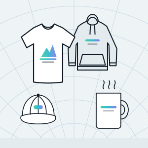 Home 9 Line drawings of a tee, a hoodie, a cap and a mug